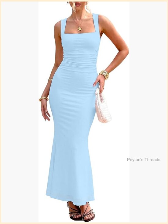 Dresses & Skirts - Ruched Bodycon Maxi Dress Sleeveless Square Neck Formal Wedding Guest